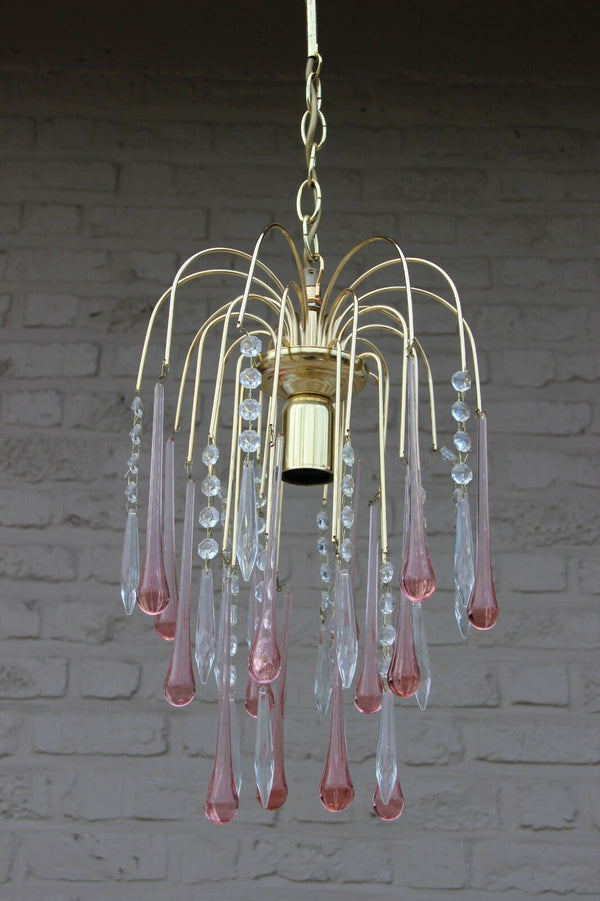 Vintage Murano drops pink Mid century Pendant chandelier brass 1970