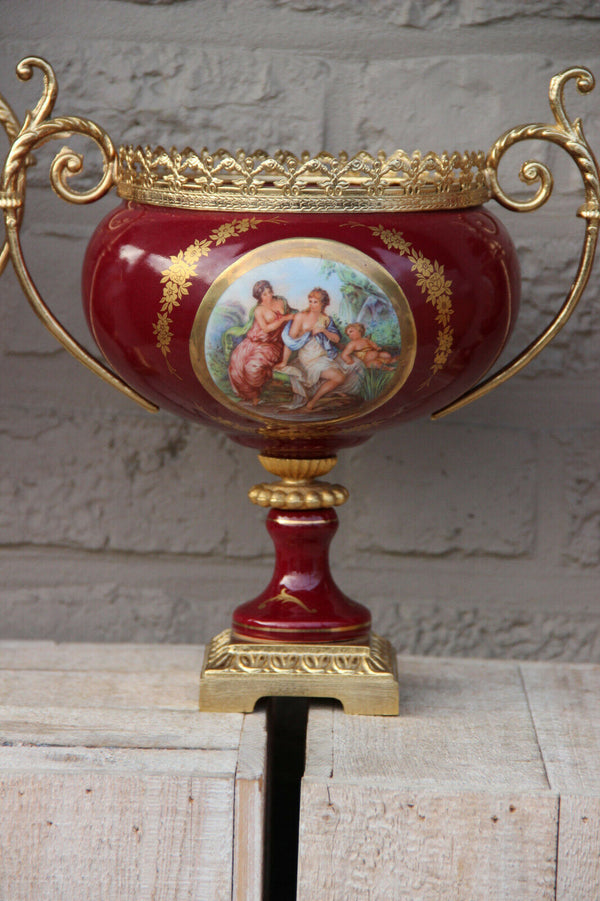 SET French Red porcelain centerpiece Bowl Vases romantic victorian putti scene