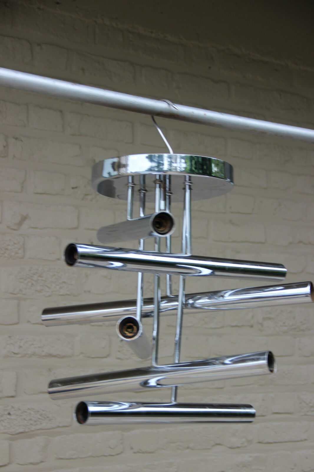 Mid century Sciolari 6 tubes Geometric chandelier pendant 1970's Chrome