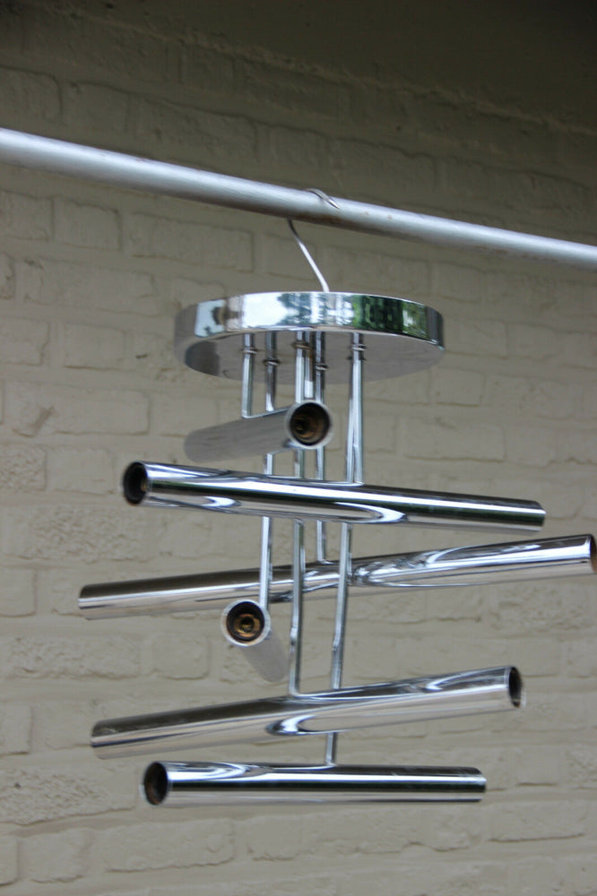 Mid century Sciolari 6 tubes Geometric chandelier pendant 1970's Chrome