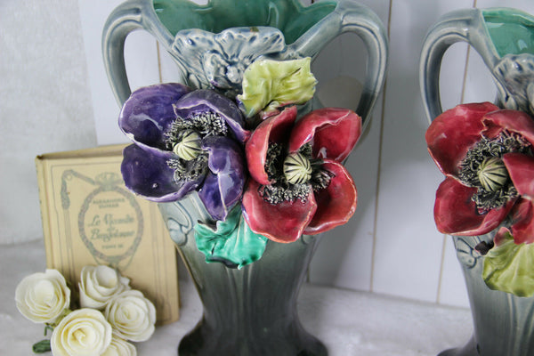 PAIR ART NOUVEAU Barbotine flower Vases 1900 French antique