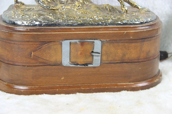 Mid century 1970 Bronze silver patina Greyhound whippet dog lamp wood base