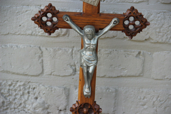 Antique French wood carved neo gothic Crucifix religious altar piece christ
