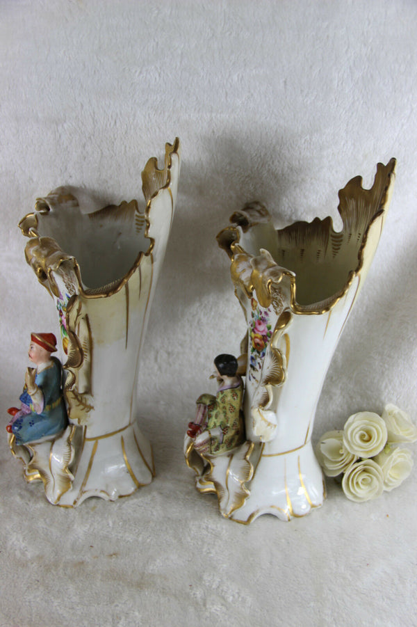 PAIR antique rare Vieux paris Vases japanese figurines geisha floral 19thc