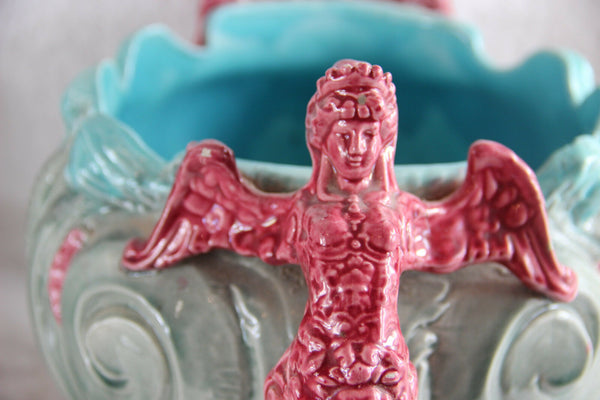 PAIR French art nouveau barbotine majolica Caryatid lion head palnter jardiniere