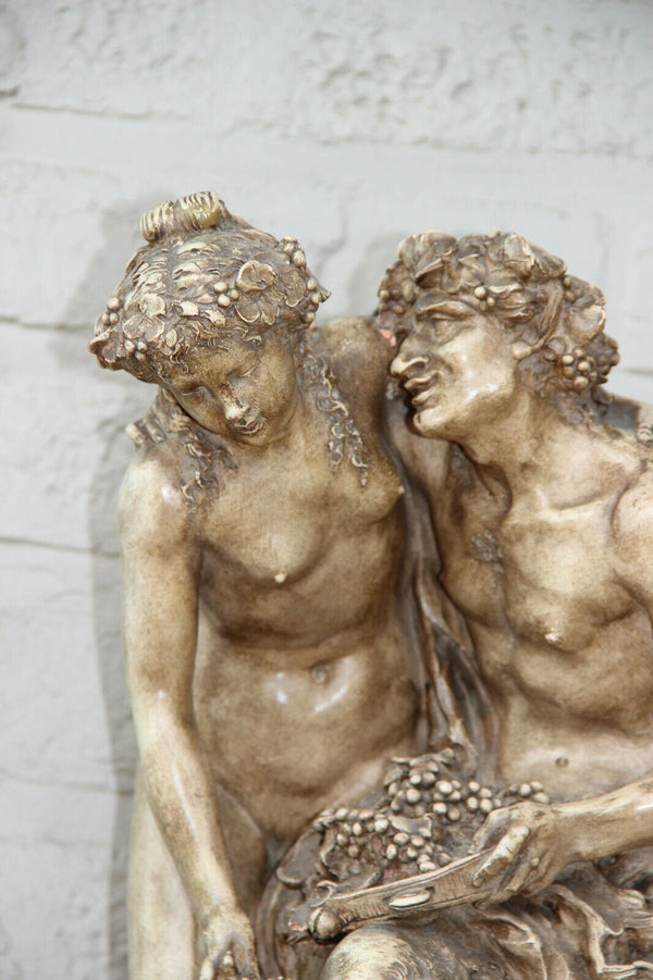 huge antique terracotta Faun Bacchus nymph Statue group after CLODION marked