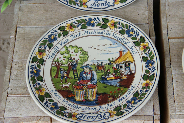 Vintage Delft Goedewagen marked 4 season pottery polychrome plates