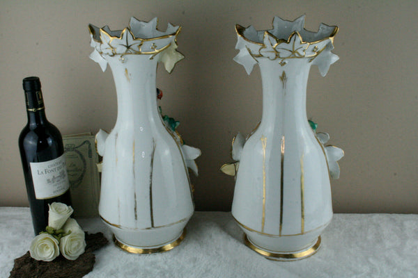 Rare Antique 19thc old paris vieux porcelain Salamander bird Vases dog scene