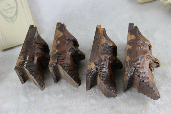 Set of 4 Antique XVIII Wood carved DEVIL gothic figurines head portrait ornament