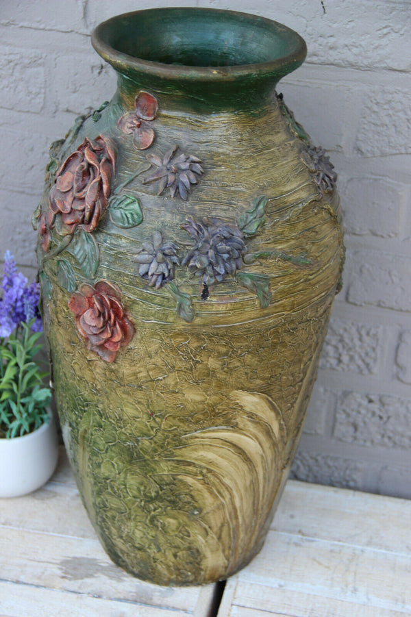 Antique Flemish earthenware terracotta XL Vase with grapes floral decor