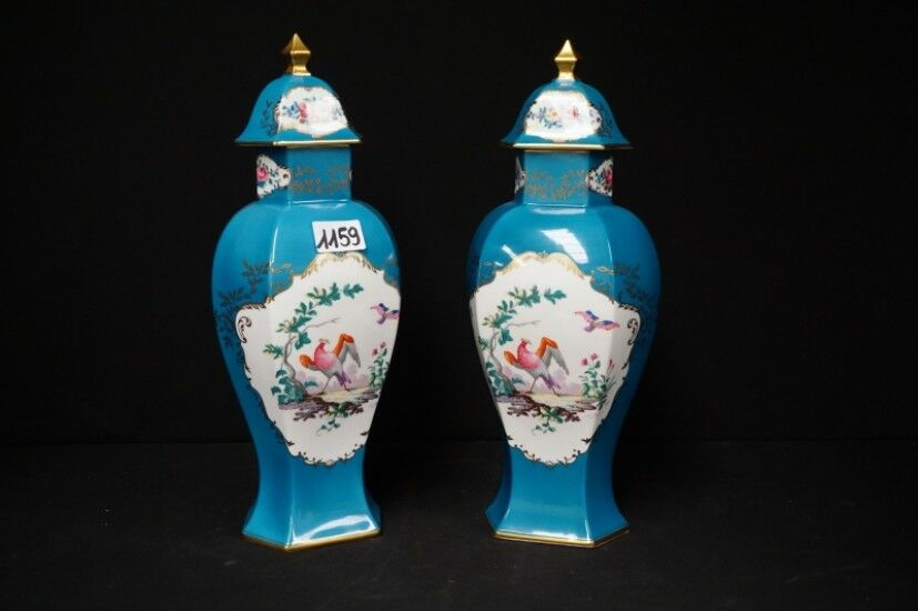 Pair French Limoges porcelain marked Vases Birds decor turquoise blue