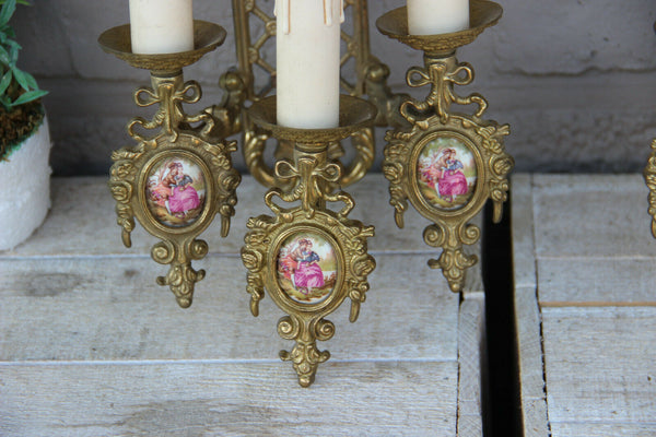 PAIR vintage French brass Wall lights sconces porcelain victorian plaques