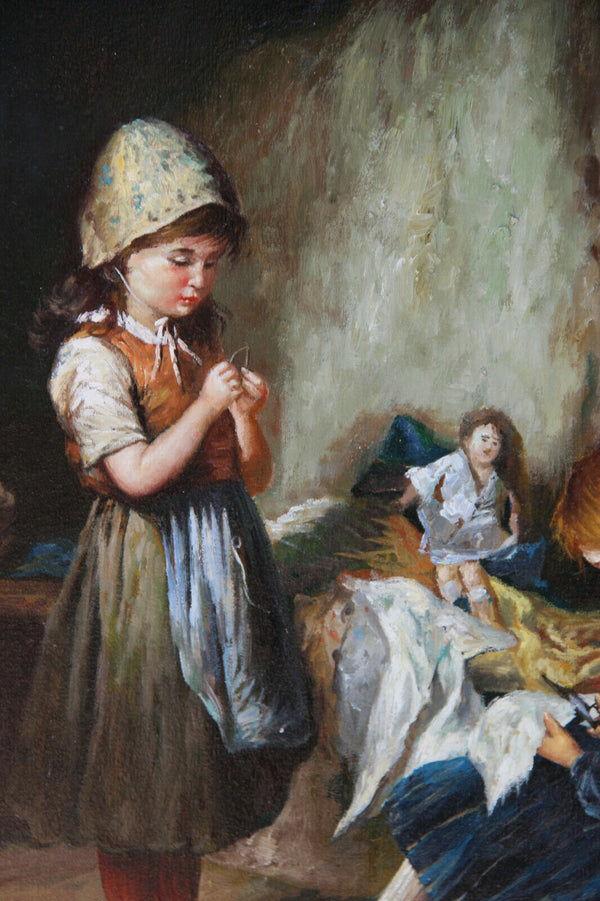 Stunning Flemish kids playing doll interior oil canvas vintage painting 1970s