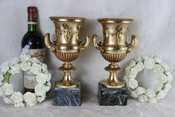 PAIR vintage French metal gold gilt marble putti cherubs angel Urns vases