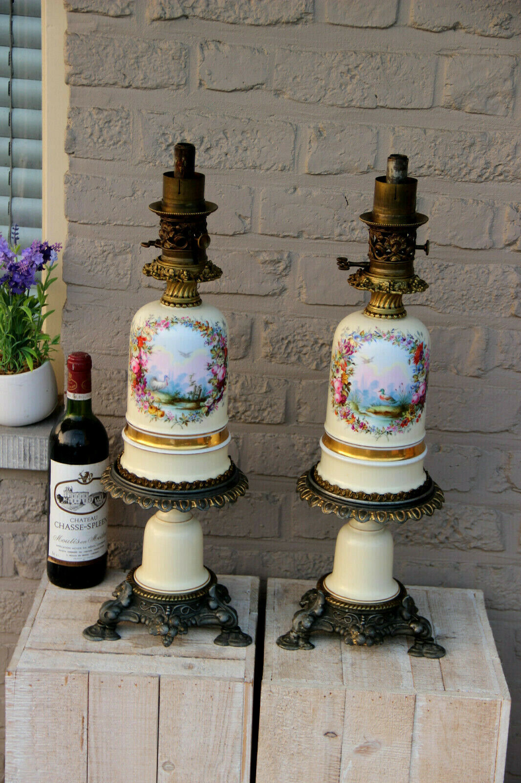 PAIR french antique Oil Lamps porcelain hand paint duck bird marked Rare