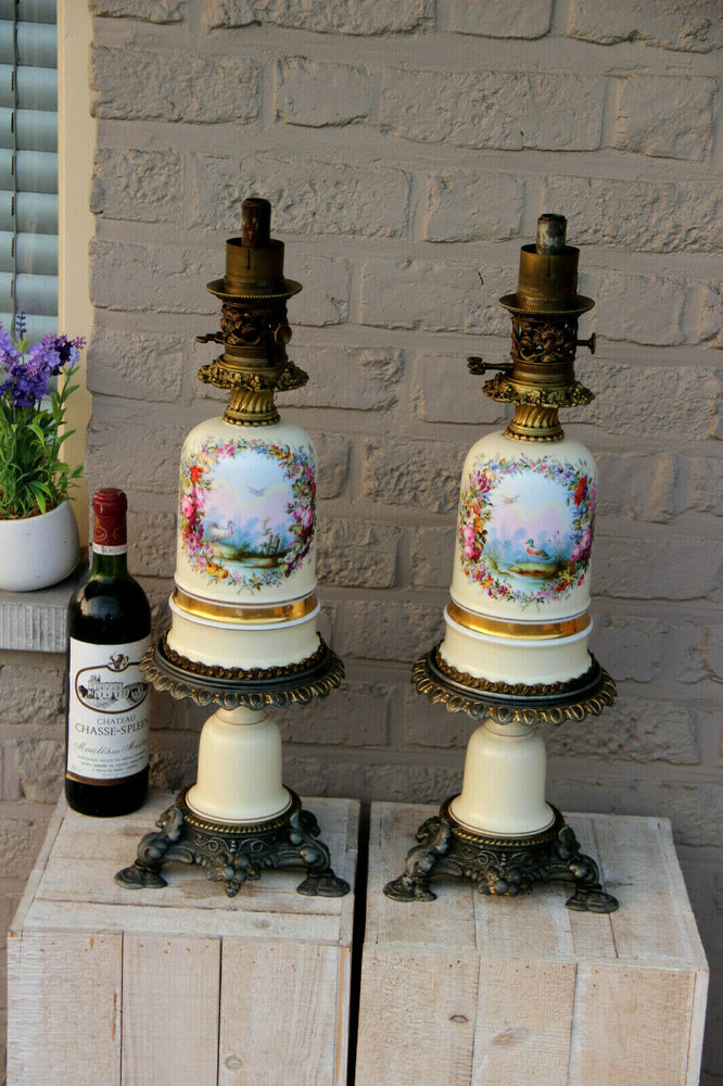 PAIR french antique Oil Lamps porcelain hand paint duck bird marked Rare