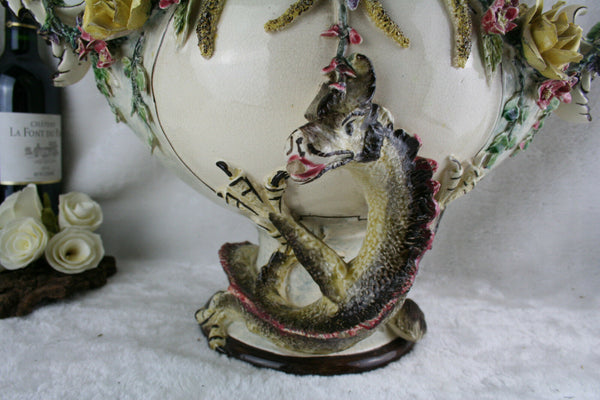 Majestic French 1900 Faience barbotine Planter dragon flowers jardiniere gothic