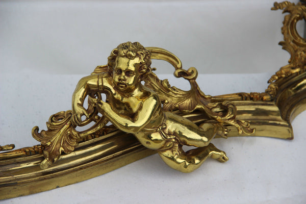 Very RARE PAIR Antique 19thc French Fireplace Curved Andirons set putti