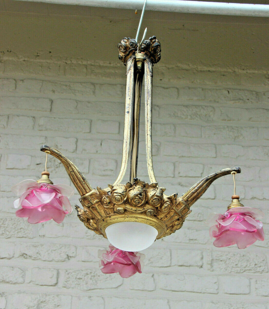 Antique art nouveau french pink tulip glass shade 3 arm chandelier pendant