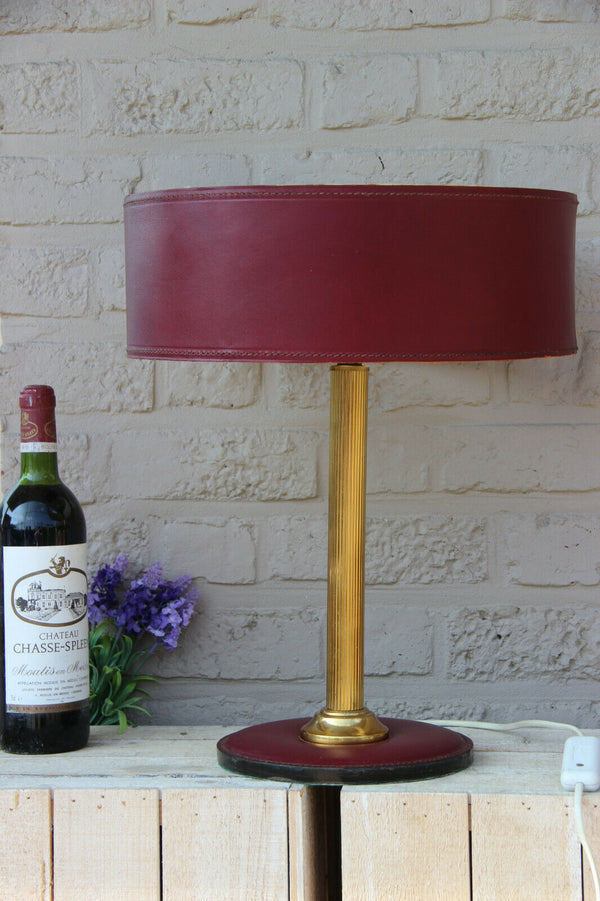 Mid-Century French Brass and Leather Table Lamp 1950 attr jacques adnet