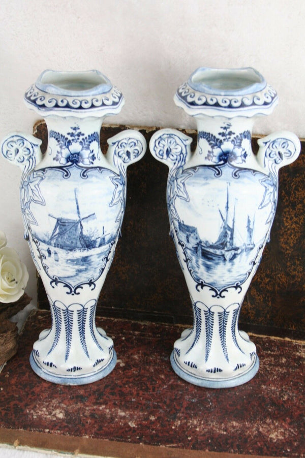 PAIR vtg 1950's Delft decor pottery Vases Mill Sailing boat scenes