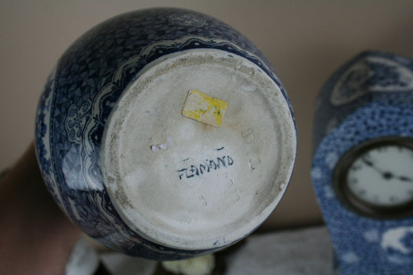 Boch Pottery Clock set Vases Forest Blue white delft decor 1925 marked