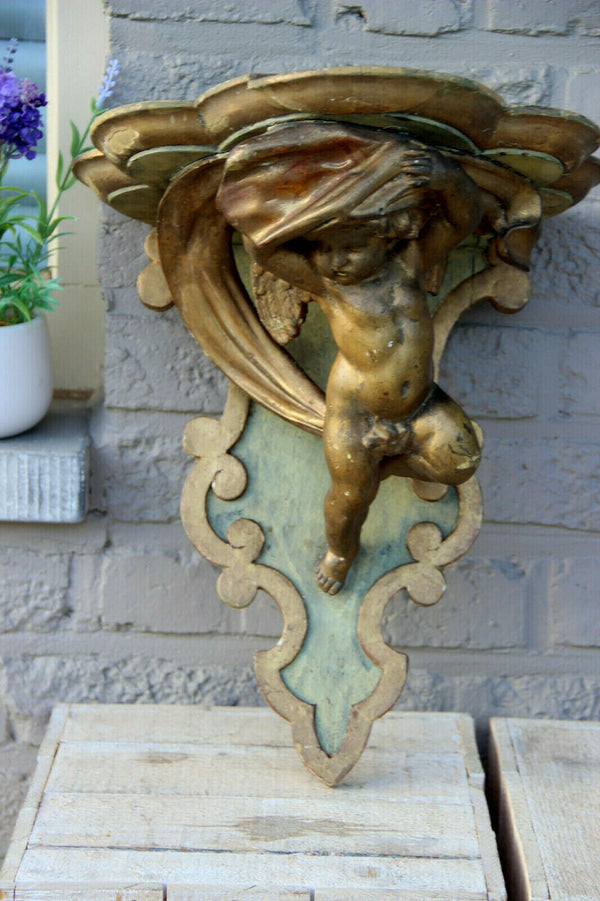 Antique italian gilt carved Wood & plaster putti angel figurine wall console