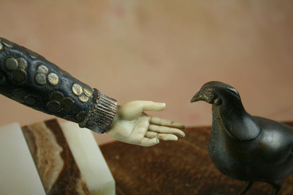 LARGE Heavy ART DECO group lady birds patinated metal / ivorine signed GORI