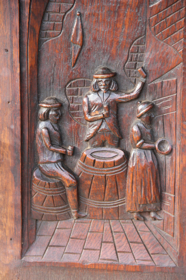 Antique French pair breton wood carved cabinet panels