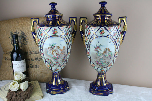 PAIR French porcelain Vases Romantic putti angels scene floral decor marked 50'