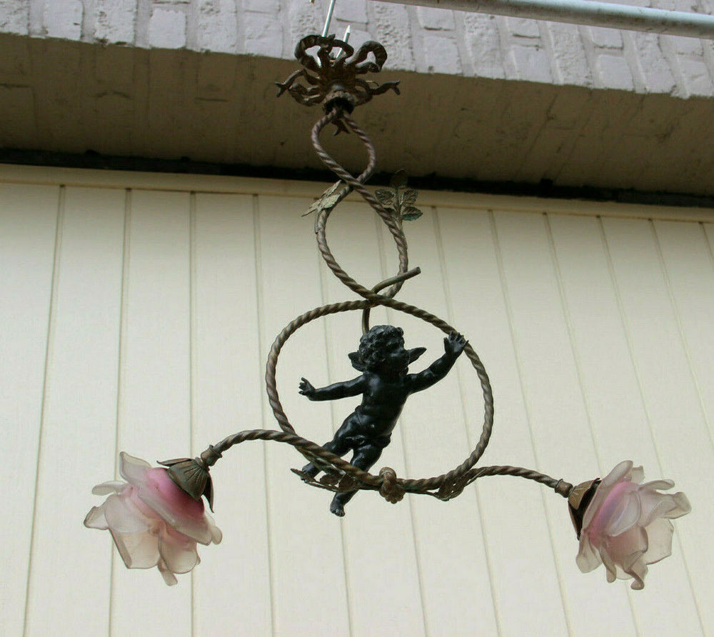 Antique French Art nouveau putti angel spelter Bronze chandelier pendant