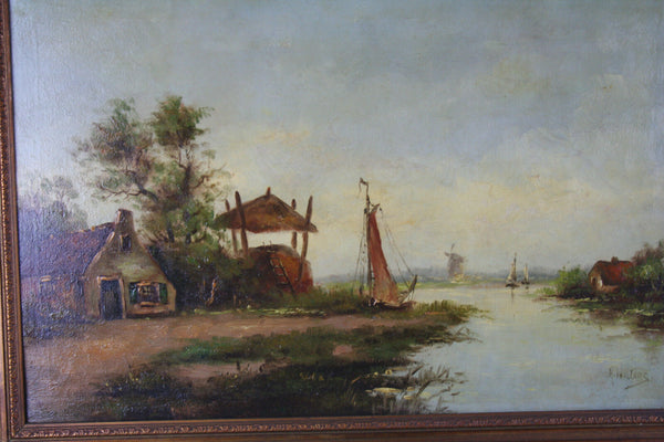 Holland Oil Canvas painting Dutch farm on the lake 1910 circa signed Willers