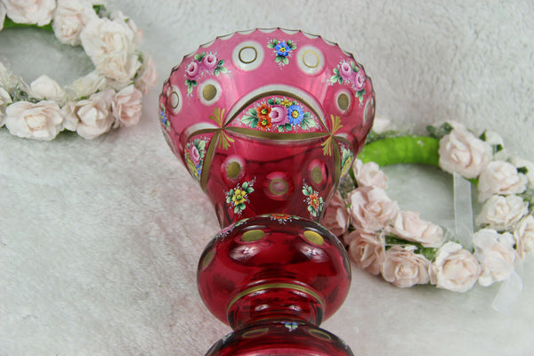 Antique MOSER Bohemia enamel ruby red glass floral VASE