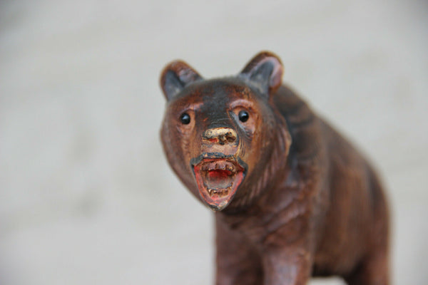 Vintage hand Black forest wood carved swiss bear statue barometer