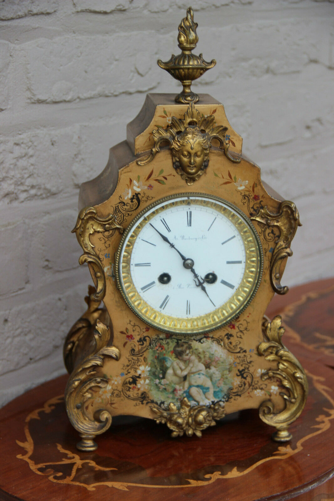 Antique French parisian mantel clock putti angel portrait scene floral decor