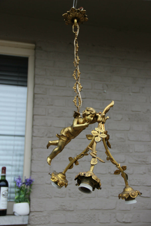 Antique French Bronze Winged putti angel figurine chandelier pendant lamp 3 arm