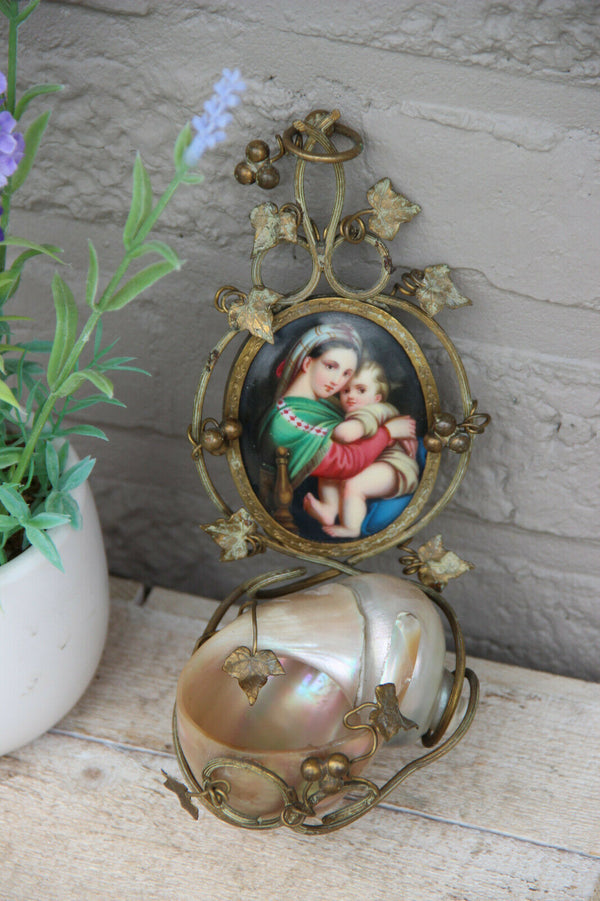 Rare antique religious mother pearl nacre holy water font porcelain Madonna