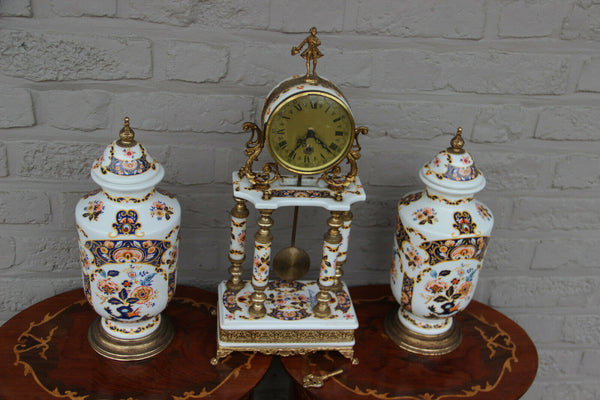 Vintage French Limoges porcelain floral clock set vases putti 1960