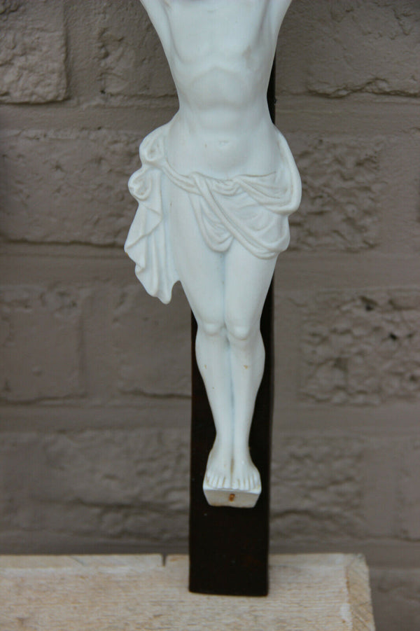 Antique french wood bisque porcelain christ crucifix religious