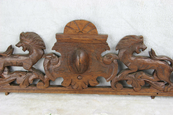 Antique large French pediment fronton wood carved lions castle cabinet top