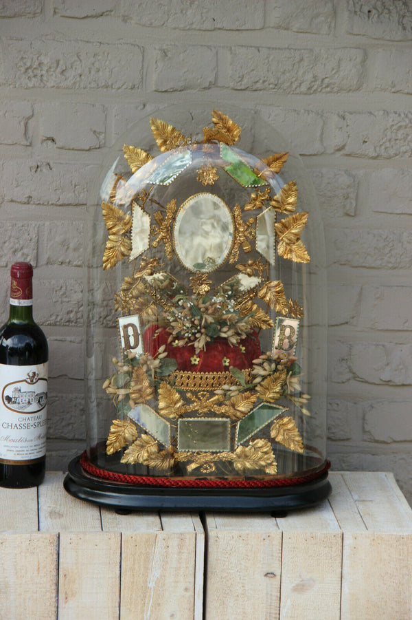 Antique Victorian Bridal wedding dome Globe Glass with tiara wax initials