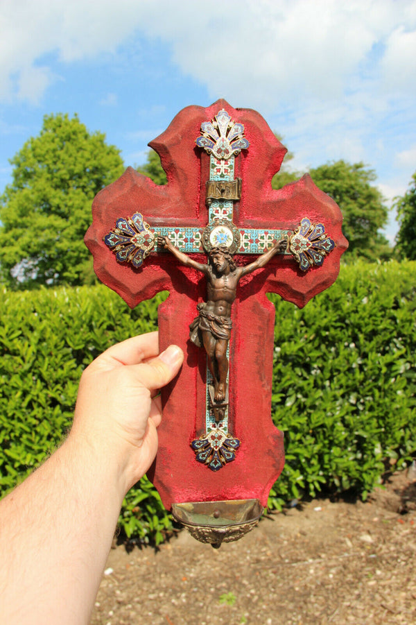 Antique French Religious holy water font bronze christ crucifix cloisonne enamel
