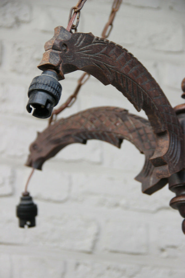 Antique french gothic castle Wood carved dragon chimaera 4 arm chandelier