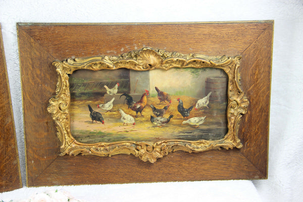 PAIR antique 19thc French oil panel painting chicken rooster farm louis XVI