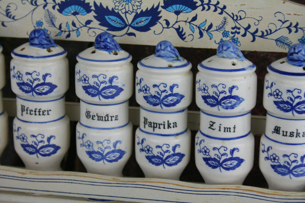 Vintage 70's Kitchen rack wood delft blue white pottery 6 shakers herbs