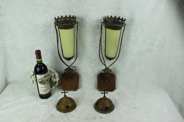 Antique French pair religious procession wall lights sconces glas wood metal