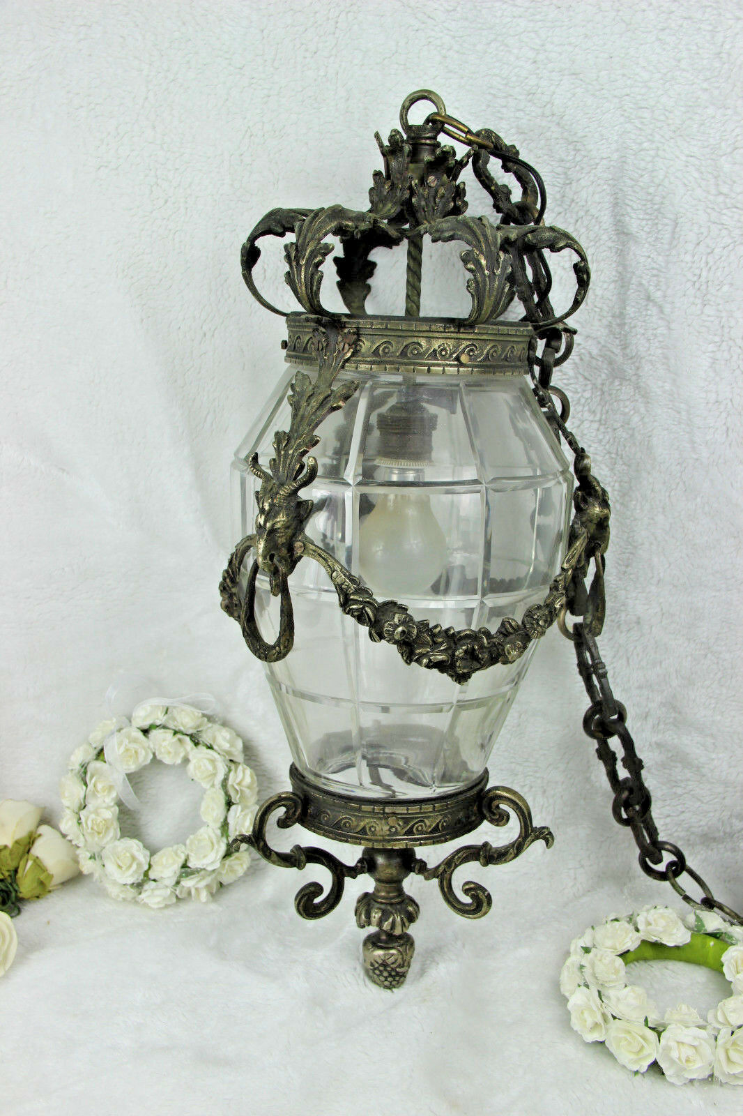 Antique Belgian Bronze Val saint lambert crystal glass chandelier lantern ram
