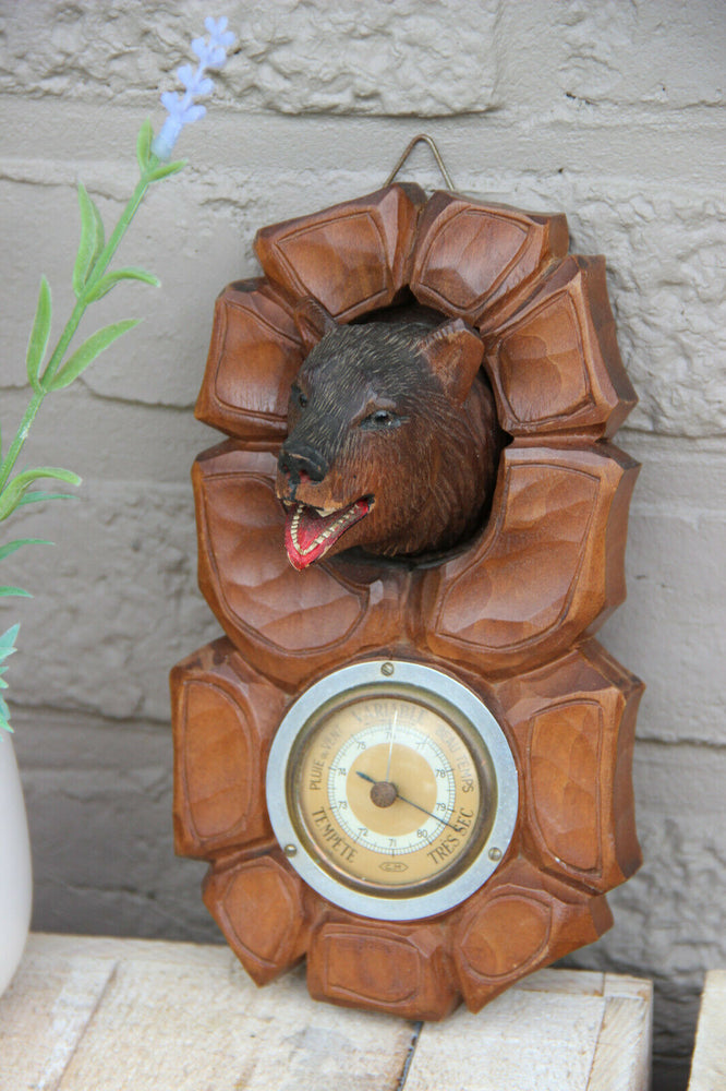 Vintage wood carved Black forest bear wall barometer