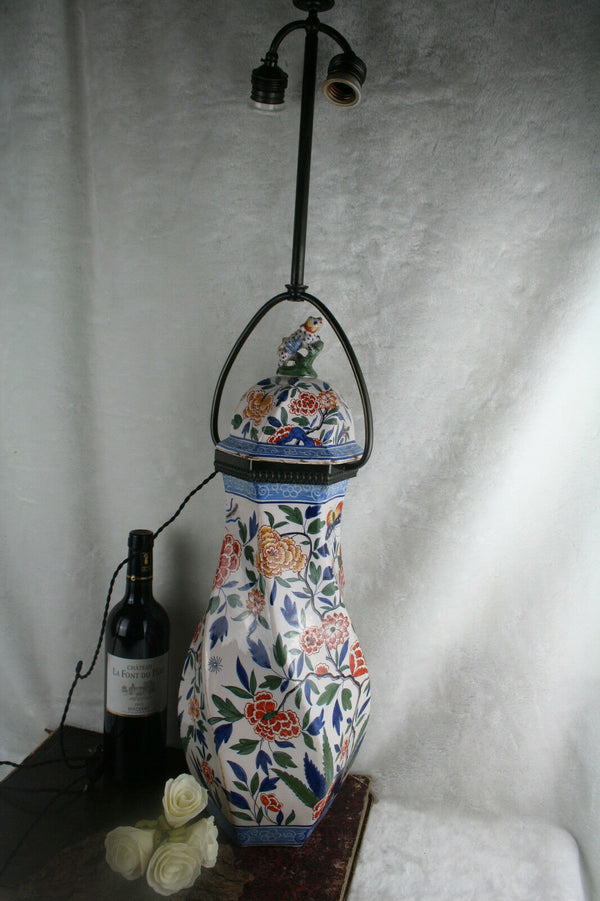 Antique polychrome Pottery Delft marked 3 leaves Vase mounted as lamp XL