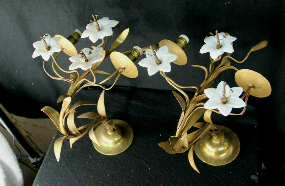 PAIR large antique french religious church brass opaline lily flower sconces